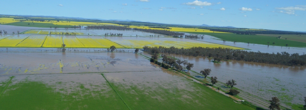 Aerial shot of flood affected farms